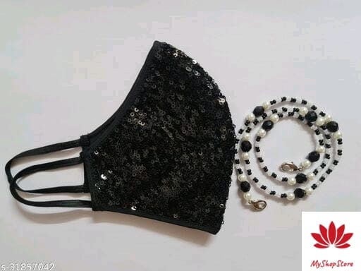 Beautiful combo of black sequins embroidery mask and mask holder chain