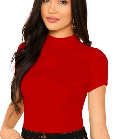 Turtle Neck Short Sleeves Casual Hosiery Maroon Top (23 Inches)