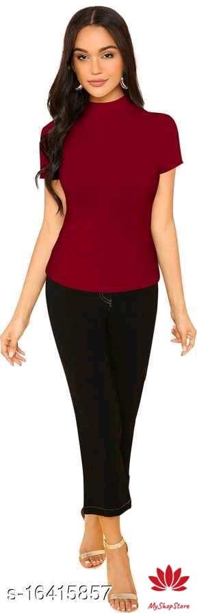 Turtle Neck Short Sleeves Casual Hosiery Maroon Top 23 Inches 2