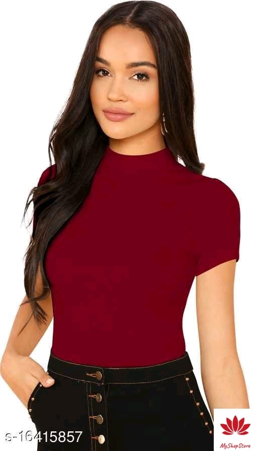 Turtle Neck Short Sleeves Casual Hosiery Maroon Top 23 Inches