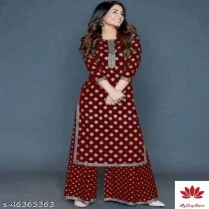 Women Rayon Stylish Maroon Kurti With Palazzo