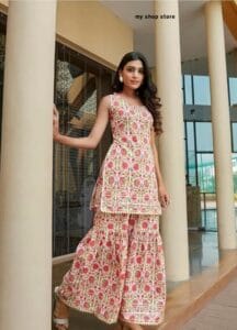 Genuine Printed Sleeveless Party Wear Modern Sharara Suit 2024 1